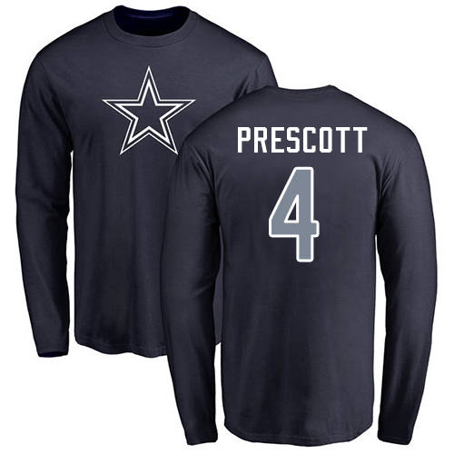 Men Dallas Cowboys Navy Blue Dak Prescott Name and Number Logo #4 Long Sleeve Nike NFL T Shirt->nfl t-shirts->Sports Accessory